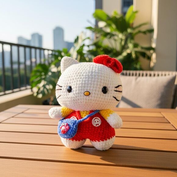 Handmade Crochet Hello Kitty Plush – Kawaii Red Overalls Amigurumi Doll - Picture 5 of 8